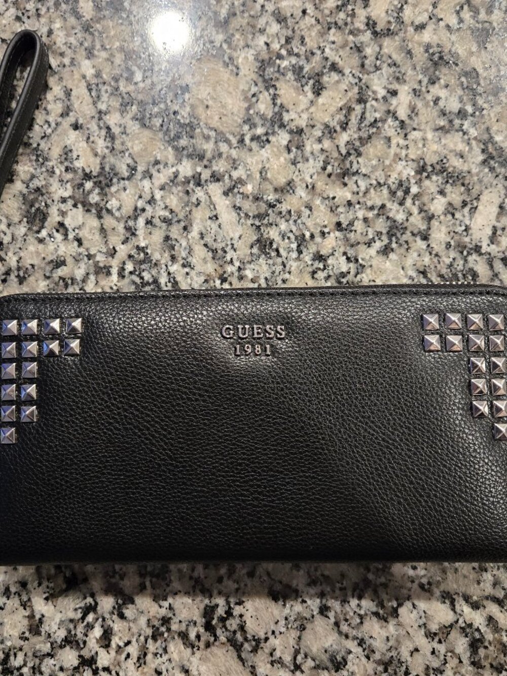 GUESS Black Studded Zip-Around Wristlet Wallet With Wrist Strap